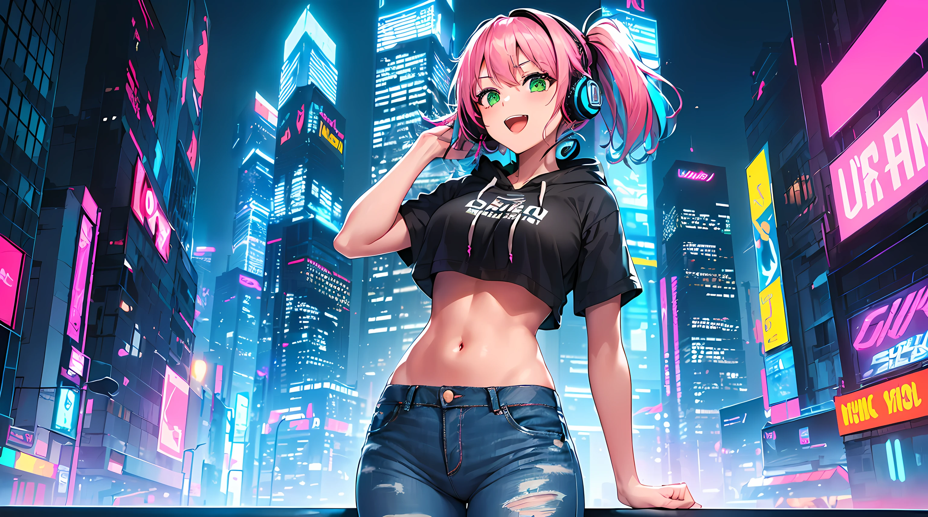 masterpiece, 1girl ((20year old, Black short sleeve hoodie exposes navel, tight blue jeans, medium breasts, multicolor pink hair, twin ponytails, green eyes, Happiness, headphones, urban cityscape at night, neon lights and towering skyscrapers, futuristic and energetic atmosphere))