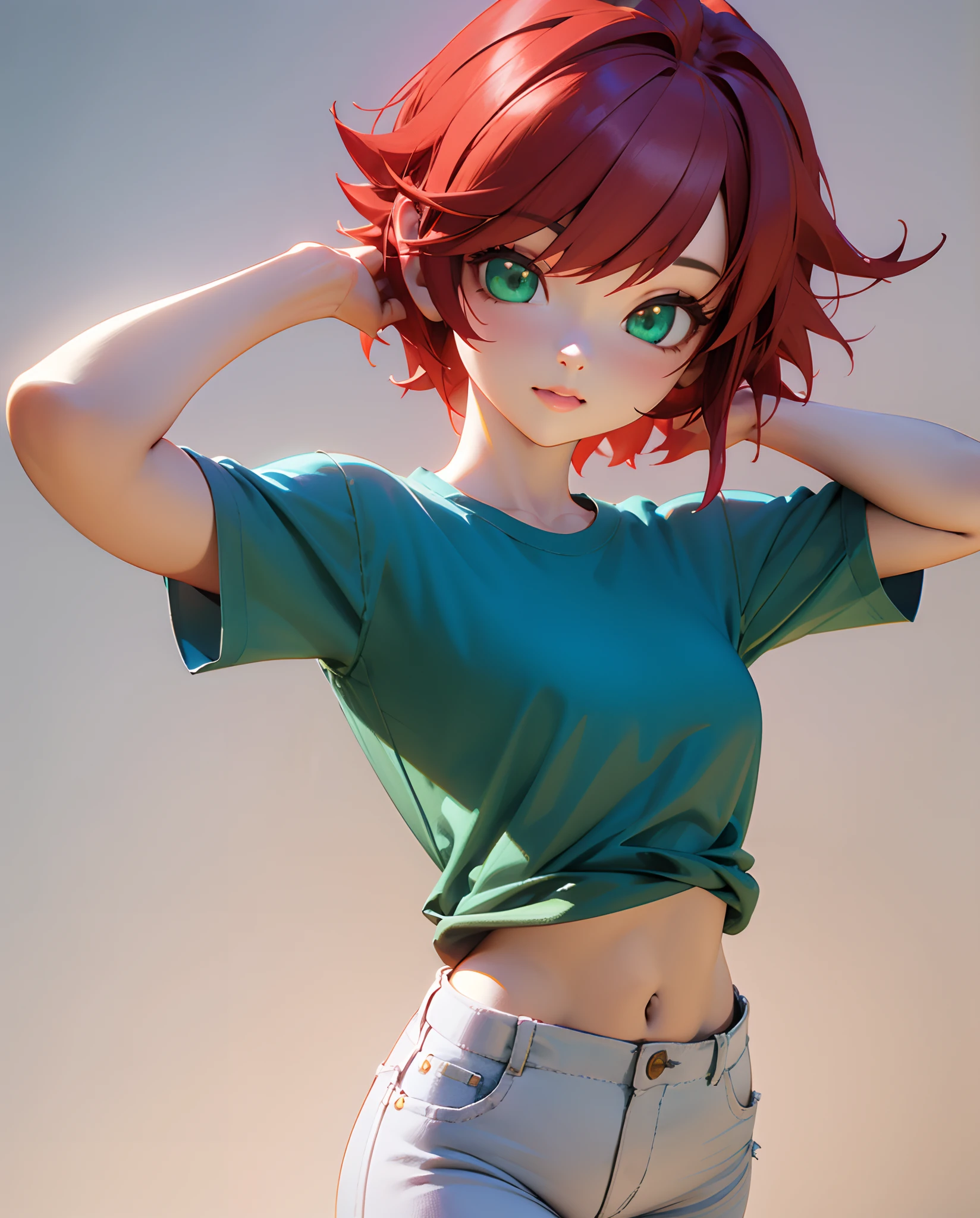 1Girl, red hair, short hair, green eyes, blue tshirt, white jean, High quality, 3d, anime, bust, curvy
