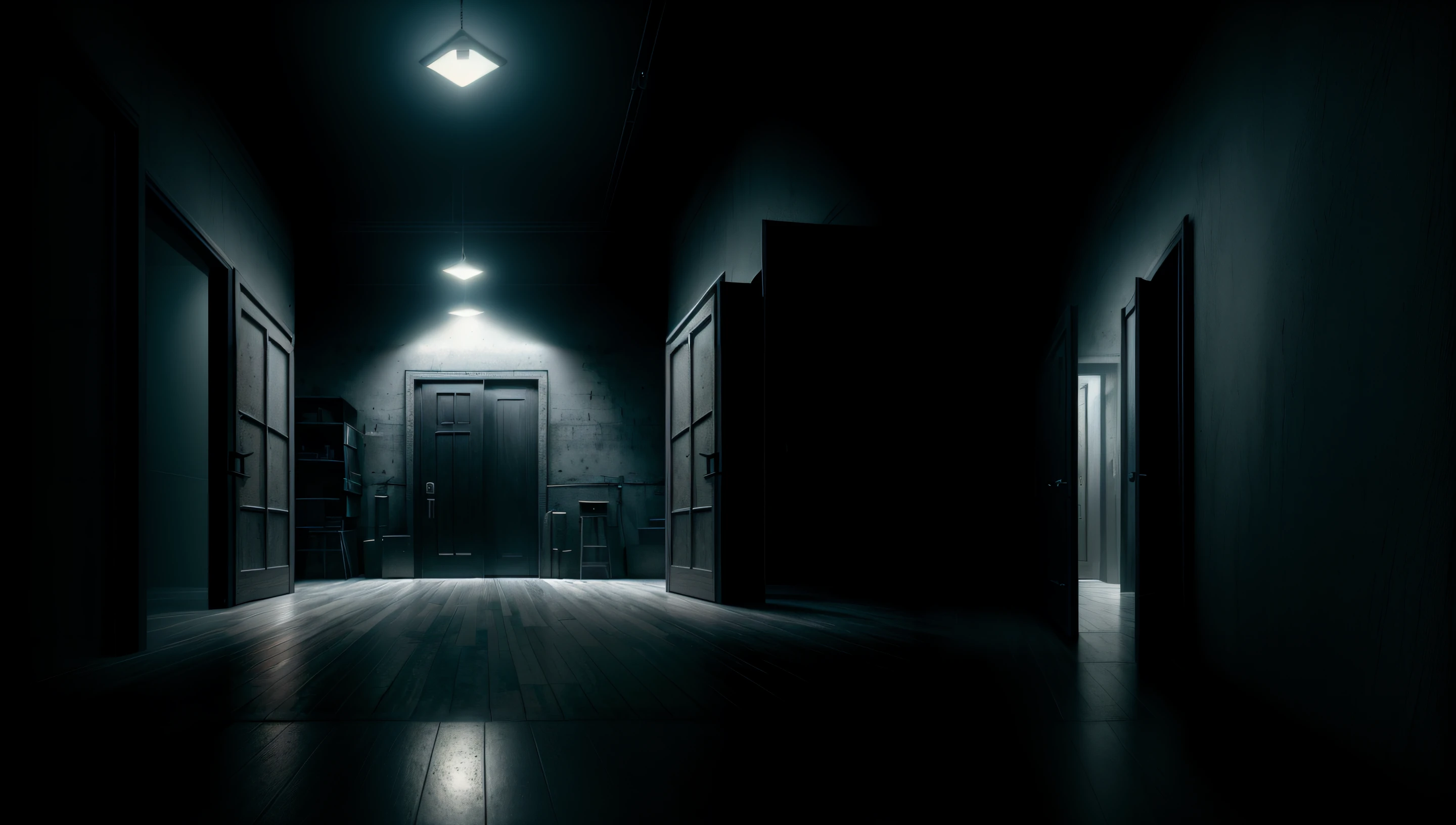 There is a dark room with a door and a light on, An empty back room at night, personal room background, room with eerie feeling, Trastiendas espeluznantes, Pasillo largo y oscuro, pasillo oscuro, the scary empty liminal spaces, Creepy room, very dark room, Located in the vault room of the bank, dimly lit room, Dark concrete room, Fondo mate. Motor irreal