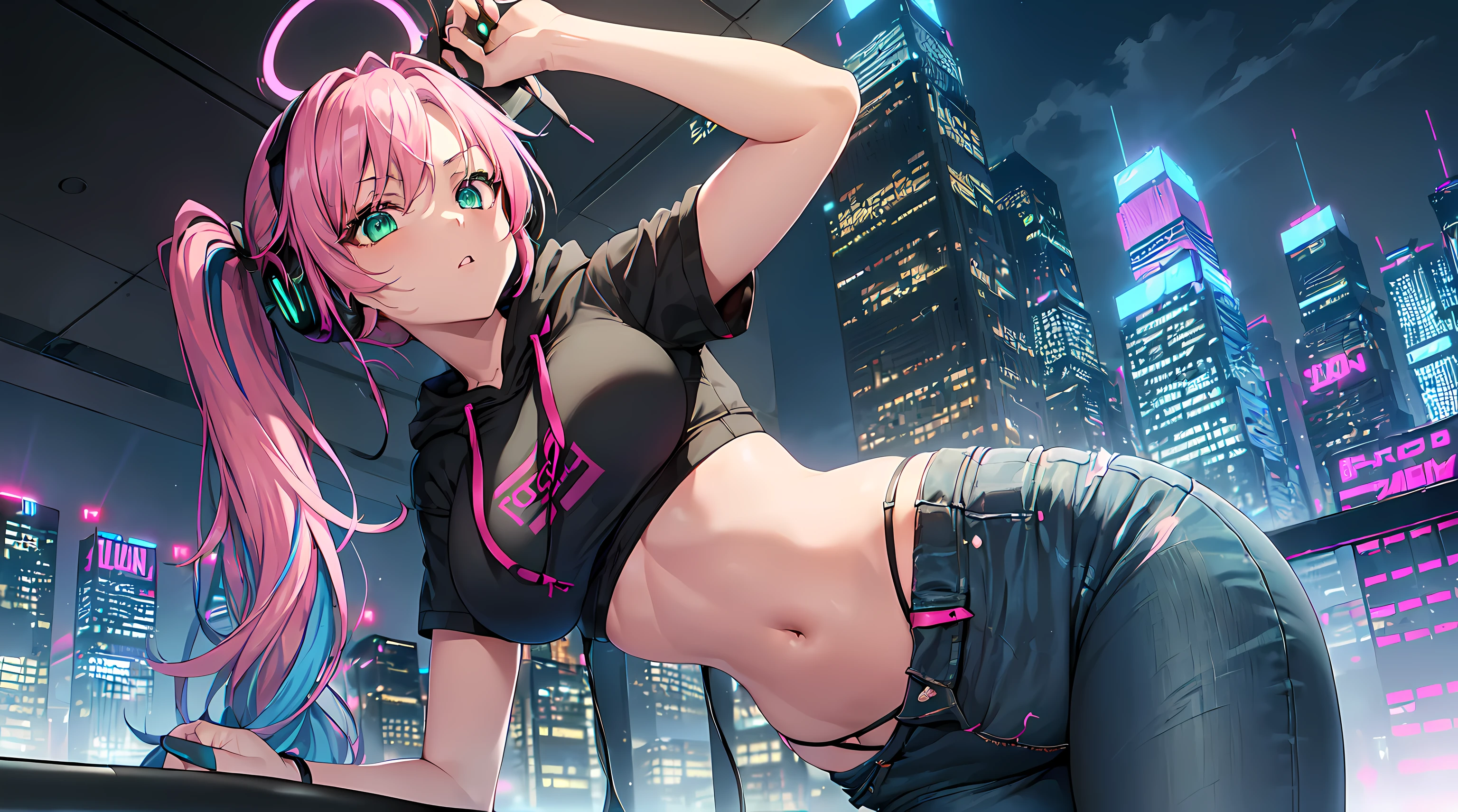 masterpiece, 1girl ((20year old, Black short sleeve hoodie exposes navel, tight blue jeans, medium breasts, multicolor pink hair, twin ponytails, green eyes, flirting, headphones, urban cityscape at night, neon lights and towering skyscrapers, futuristic and energetic atmosphere))