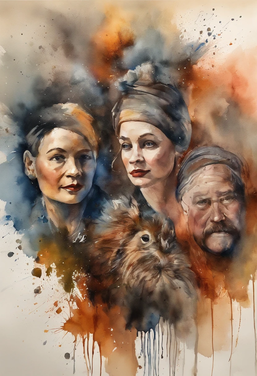 a family painting with a splatter background and spray paint effect, by Eugeniusz Zak, watercolor art, by Károly Lotz, watercolor painting, watercolor painting style, watercolor detailed art, by Reuben Tam, watercolor digital painting, watercolor , masterfully detailed watercolor, watercolor art, Grzegorz Rutkowski