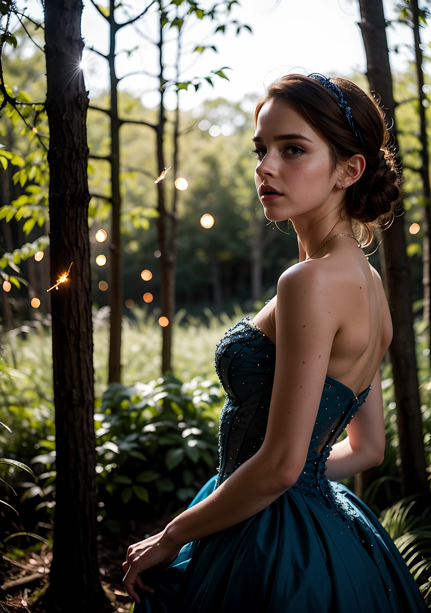 Emma Watson as Cinderella, dressed in a shimmering blue gown with intricate crystal detailing, standing in a moonlit forest glade, surrounded by fireflies, a sense of wonder and enchantment in the air, Photography, shot with a 50mm prime lens, wide aperture for soft bokeh,