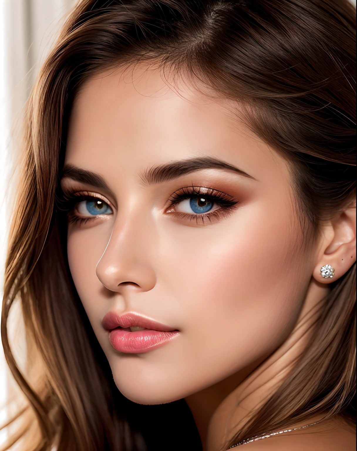 best quality,ultra-detalhado,Realistic,mulher,cabelos castanhos ondulados,[olhos claros e brilhantes],Detailed lips,vivid colors,retrato,studio lighting,tons de cores quentes,Soft lighting effects