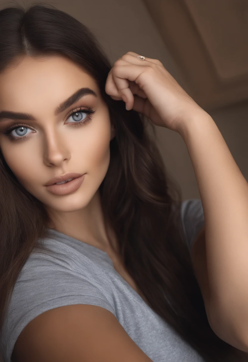Arafed woman with black clothes, fille sexy aux yeux bruns, Portrait Sophie Mudd, cheveux bruns et grands yeux, selfie of a young woman, Yeux de chambre, Violet Myers, sans maquillage, maquillage naturel, looking straight at camera, Visage avec Artgram, Maquillage subtil, Superbe photo du corps entier, dans la chambre, clivage