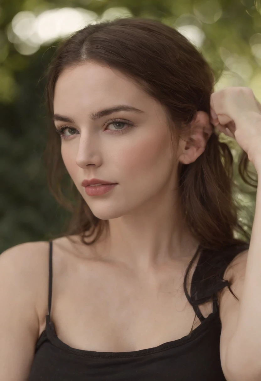 Pale-skinned girl, Cabelo longo preto com franja, cintura fina, coxas grossas, seios grandes, abdominais de seis pacotes, pernas tonificadas, biceped, shorts pretos curtos, Tampo preto curto, Rapariga, corpo atraente, corpo quente, coxas grossas, cintura muito fina, abdominais de seis pacotes, thick lips, pale skin