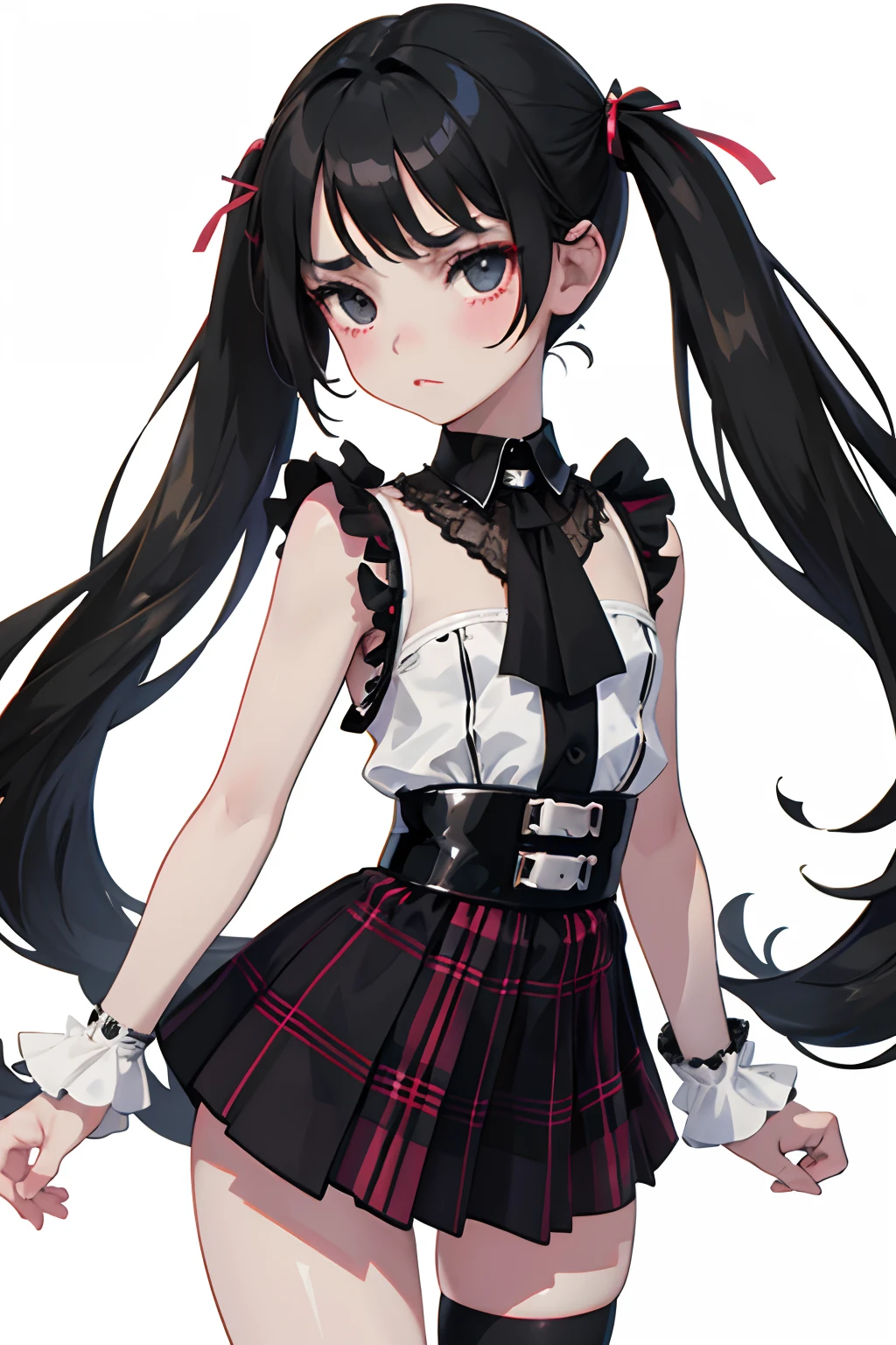 turned around,(masterpiece,Highest Quality),(child:1.3),cian,Monochrome goth pank,Burberry Plaid Skirt,(A dark-haired,short twintails),embarrassed from,Delicate body,petite body