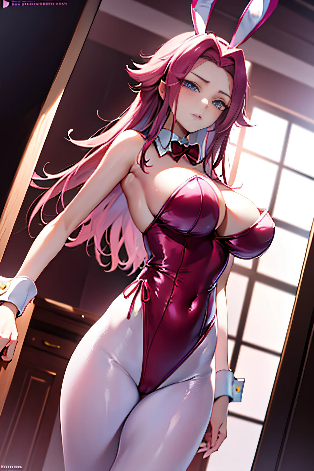 masterpiece, best quality, highly detailed, highres, hdr, code geass, 1girl, solo (((pink playboy bunny))), pink pantyhose, pink leotard, rabbit ears, red bowtie, pink footwear, wrist cuffs, blue eyes, hair intakes, large breasts, red hair, short hair, skin tight, spiked hair cowboy shot, intense angle, mksks style, beautiful background, detailed background, professional lightning