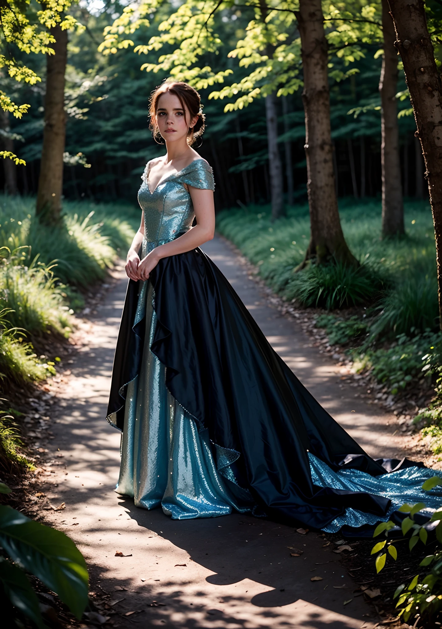 Emma Watson as Cinderella, dressed in a shimmering blue gown with intricate crystal detailing, standing in a moonlit forest glade, surrounded by fireflies, a sense of wonder and enchantment in the air, Photography, shot with a 50mm prime lens, wide aperture for soft bokeh,