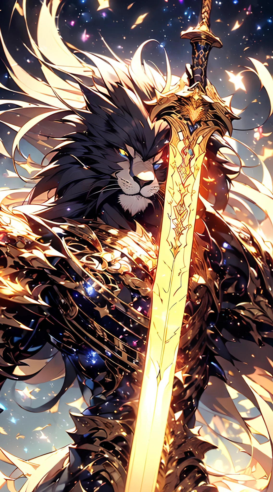 (Mandala hovering in the night sky: 1.4), (A man in highly detailed black lion design armor: 1.5, armor with gold detailing: 1.2, black lion face on armor chest plate, lion claw armor greaves, black angel wings shimmering with golden light: 1.2), (hailoknight, solo, holding giant purple energy sword, holding sword: 1.2), (dark forest in the background, cloudy sky, aurora borealis, stars shimmering in the sky), Hyperdetailed, natural lighting, soft lighting, sunlight, HDR (High Dynamic Range), Maximum Clarity And Sharpness, Multi-Layered Textures, Depth of Field, Ray Tracing, Leonardo da Vinci, Vincent van Gogh, studio art