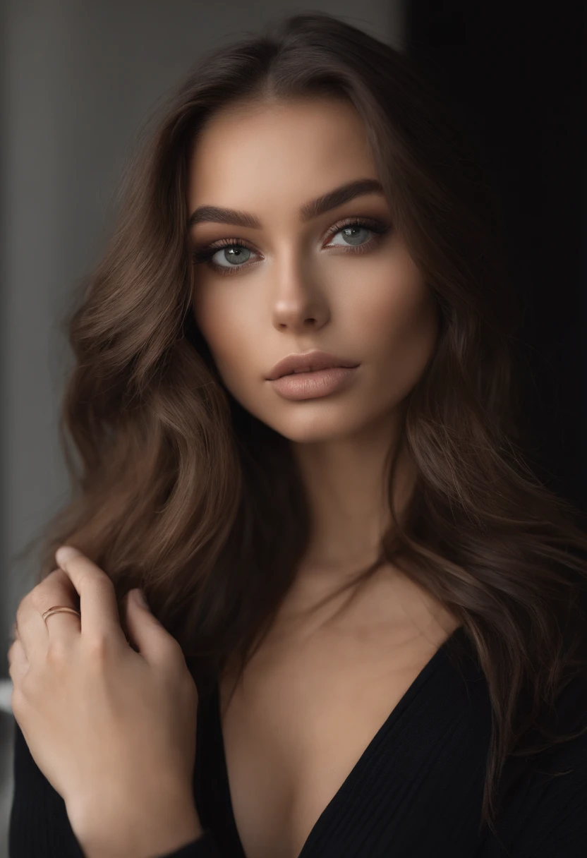 Arafed woman with black clothes, fille sexy aux yeux bruns, Portrait Sophie Mudd, cheveux bruns , Selfie d'une jeune femme, Yeux bruns, Violet Myers, sans maquillage, maquillage naturel, looking straight at camera, Visage avec Artgram, Maquillage subtil, Superbe photo du corps entier, , clivage