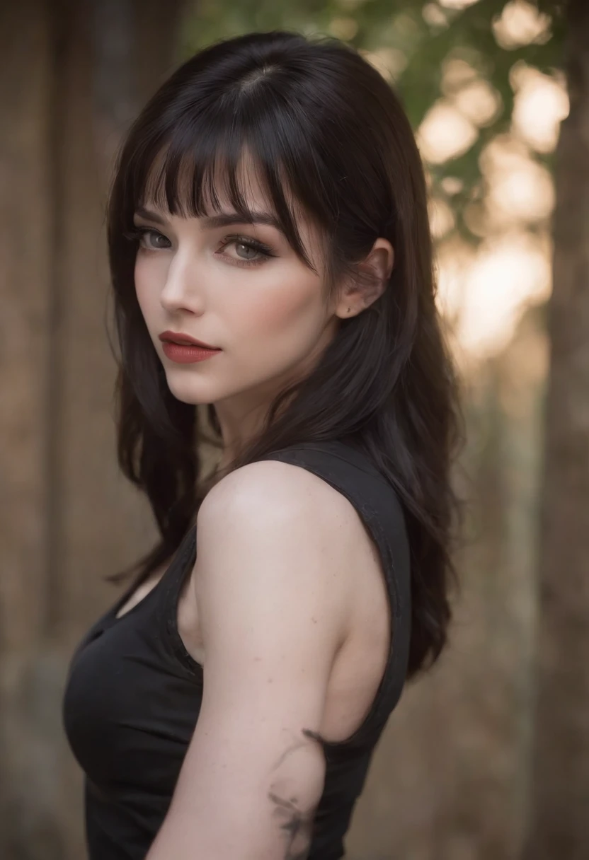 Pale skin Girl, black long hair with bangs, thin waist, thick thighs, big breasts, six-pack abs, toned legs, biceps, iron maiden band t-shirt, black pants, black combat boots, gothic makeup, black eyeliner, Young girl, attractive body, hot body, thick thighs, very thin waist, six-pack abs, thick lips,