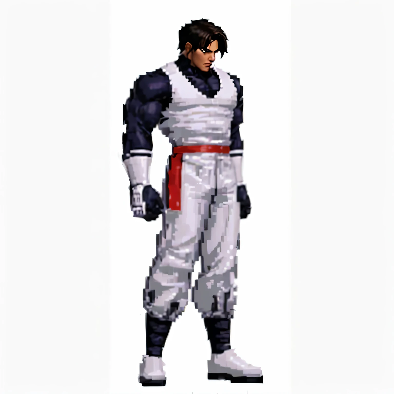 The king of fighters, personagem de jogo de luta, roupas brancas e preta com faixa vermelha na cintura. alta qualidade. obra prima