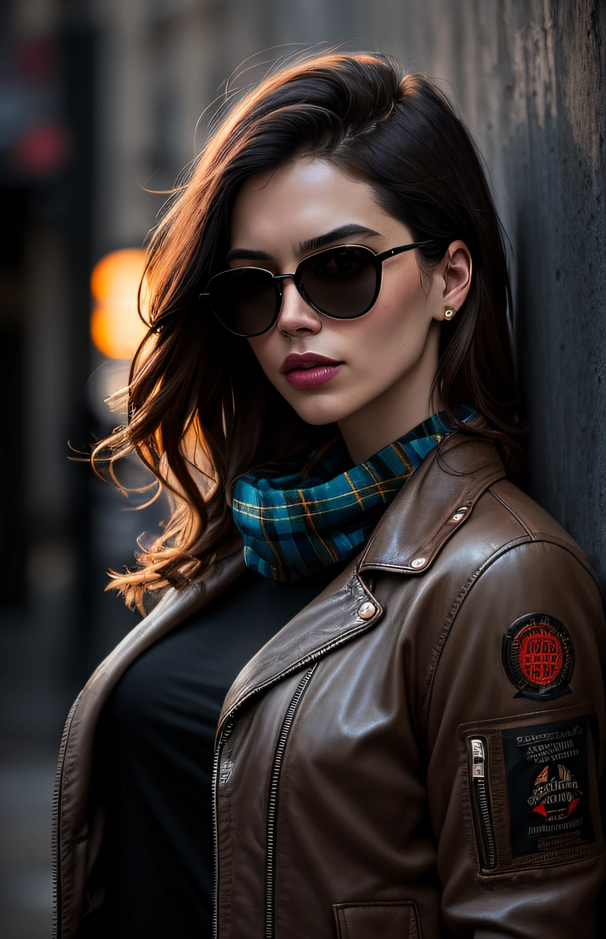 (dark shot:1.1), epic realistic, portrait of halo, sunglasses, blue eyes, tartan scarf, (brown leather bomber jacket:1.2), (tight, black transparent:1.4, tank-top:1.2), auburn hair by atey ghailan, by greg rutkowski, by greg tocchini, by james gilleard, by joe fenton, gradient yellow, black, brown and magenta color scheme, grunge aesthetic!!! graffiti tag wall background, art by greg rutkowski and artgerm, soft cinematic light, adobe lightroom, photolab, hdr, intricate, highly detailed, (depth of field:1.4), faded, (neutral colors:1.2), (hdr:1.4), (muted colors:1.2), hyperdetailed, (artstation:1.4), cinematic, warm lights, dramatic light, (intricate details:1.1), complex background, (rutkowski:0.66), (teal and orange:0.4)