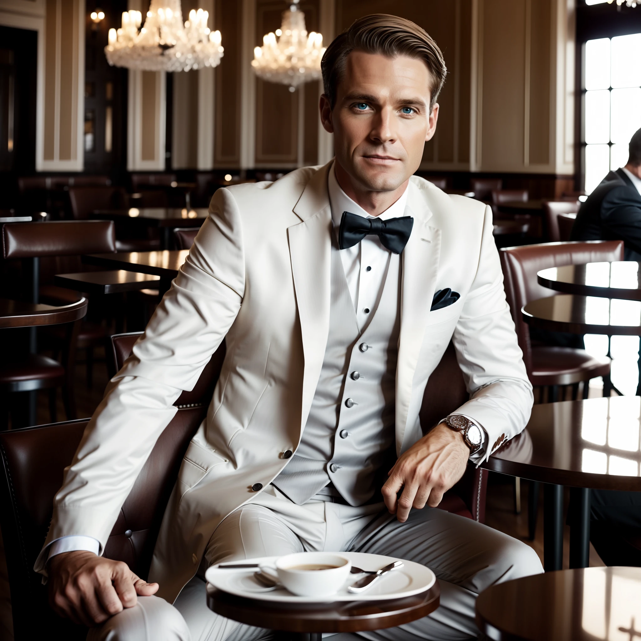 (A white man sitting in a café in a suit) | (Elegant men's mature formal wear), Cinematic 8K
