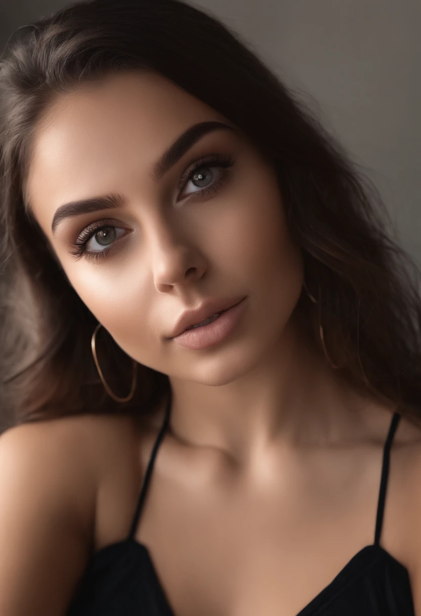 Arafed woman with black tank top , Sexy girl with detailed brown eyes, Portrait Sophie Mudd, brown hair and large detailed eyes, selfie of a young woman, Yeux de chambre, Violet Myers, sans maquillage, maquillage naturel, looking straight at camera, Visage avec Artgram, Maquillage subtil, Superbe photo du corps entier, dans la nature, clivage