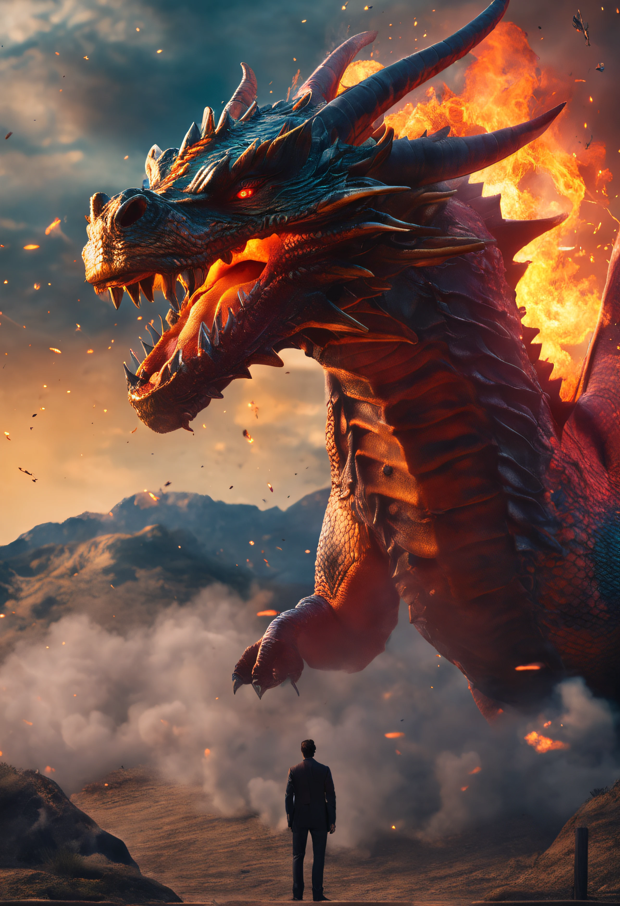 a dragon comes down from a UFO flying plate and wants to destroy the sins city with an open mouth of fire and smoke
