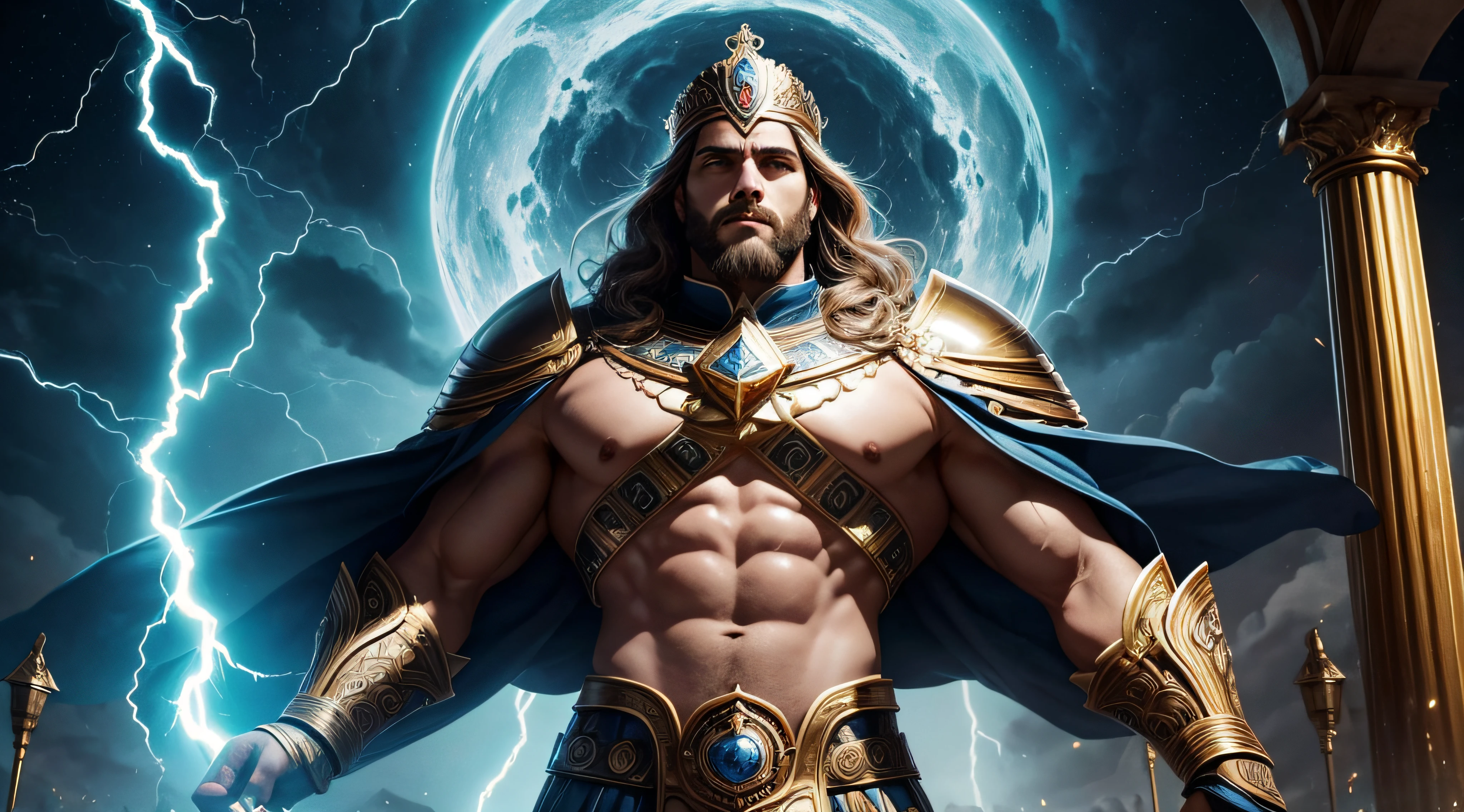 (divino,divino:1.2),Zeus sentado no trono do Olimpo,raios,nuvem,Poder Supremo,illustration,strong muscles,Serious expression,olhar intenso,barba,atmosfera estrondosa,majestoso,elevated position,bright lightning,grandeza,Trono de ouro exuberante,armadura reluzente,Inspirador,All-seeing eyes,raias de raios,Crown of Lightning,commanding presence,Vestidos Regal,rei dos deuses,Todo-poderoso,onipotente,poder avassalador,Aura poderosa,Figura dominante,cativante,Luz Divina,divindade,celestial,celestial,Governante Todo-poderoso,onisciente,Todo-poderoso,Estatura imponente,apex of power,Autoridade estrondosa,governante soberano,onipresente,lightnings,impressionado,Exaltado,undefeatable,Overlord,Indomitable strength,breathtaking beauty,esmagador,divindade poderosa,tempestade,Majestade Celestial,Poder abrangente,Divina Majestade,Sovereign presence,Poder Infinito,unequalled,overwhelming force,Intimidating presence,commanding presence,cores vibrantes,Magnificent.