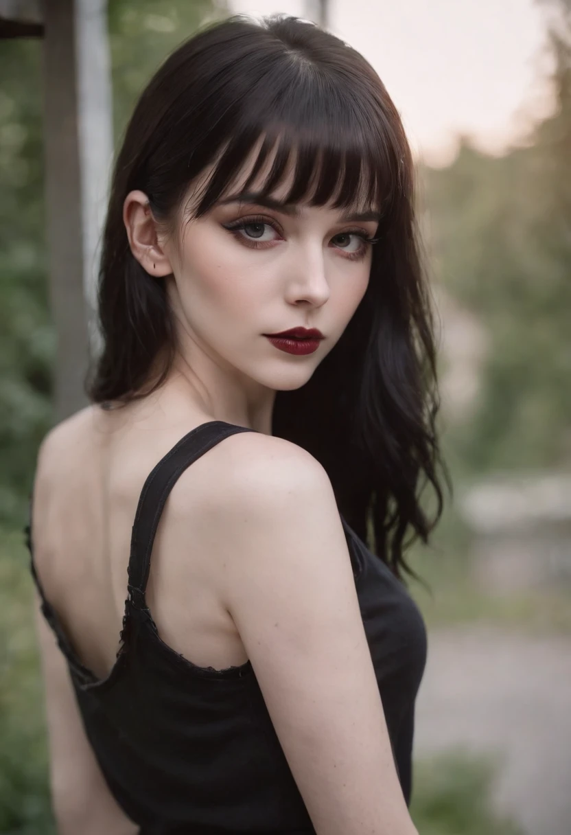 Pale skin Girl, black long hair with bangs, thin waist, thick thighs, toned legs, biceps, black tank top, ripped black pants, gothic makeup, black eyeliner