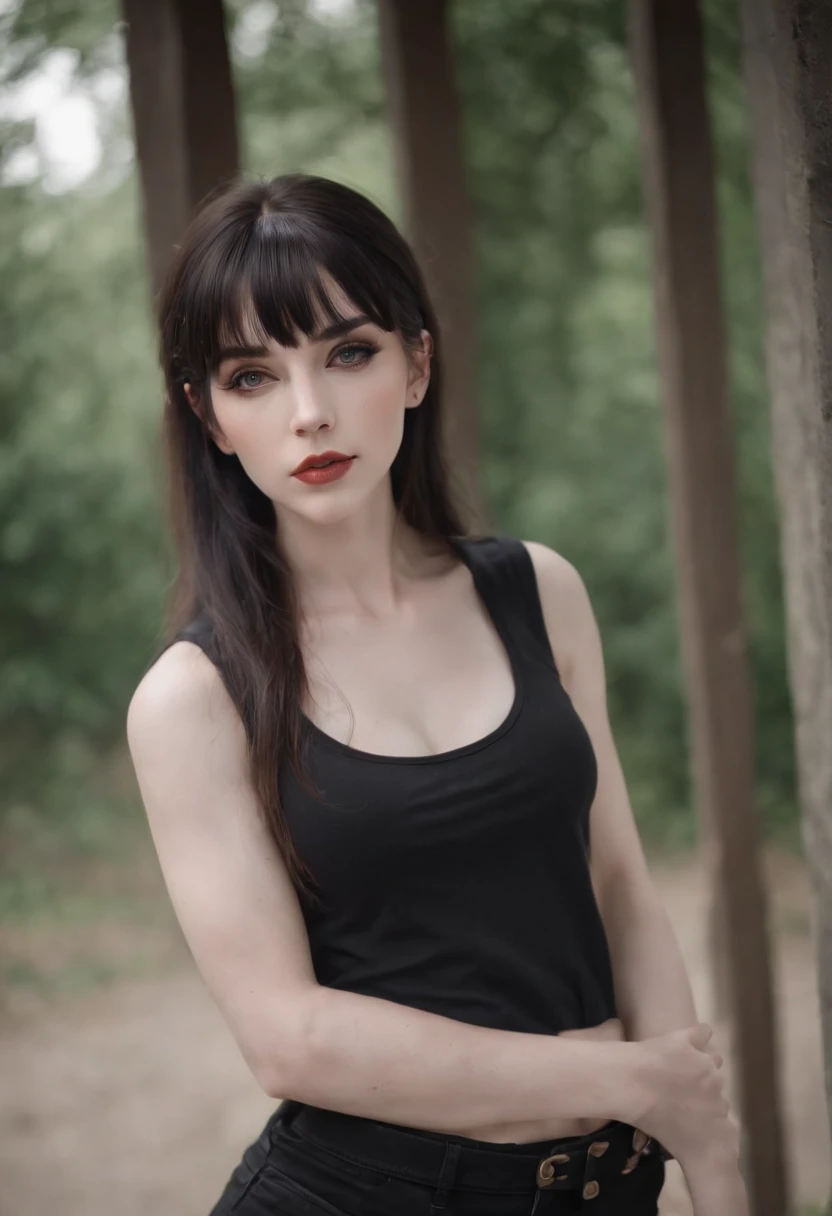Sophia Lillis, plump thick body, goth makeup, pale skin, long wavy hair, short dress