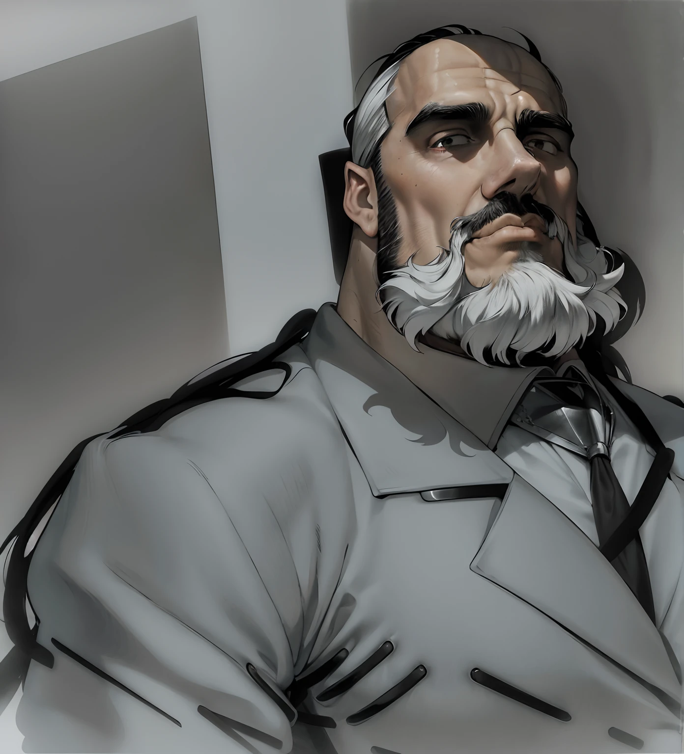 um desenho de um homem com barba sem bigode e terno, sem bigode, inspirado em Harvey Dunn, realista, Dark villain, epic, ultrarrealista, colorido, arte realista coloriada, cores vivas, mafioso.