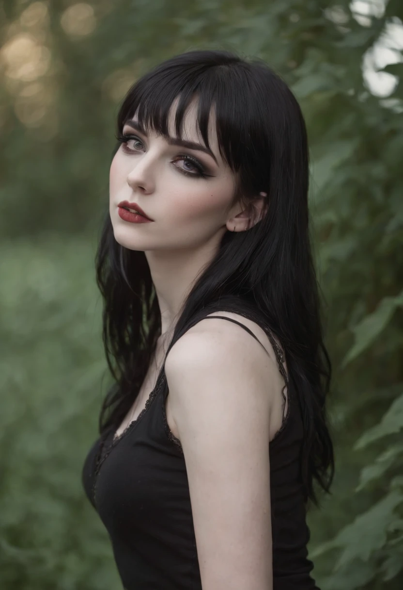 Goth girl, Pale skin Girl, black long hair with bangs, thin waist, thick thighs, toned legs, biceps, black tank top, ripped black pants, gothic makeup, black eyeliner