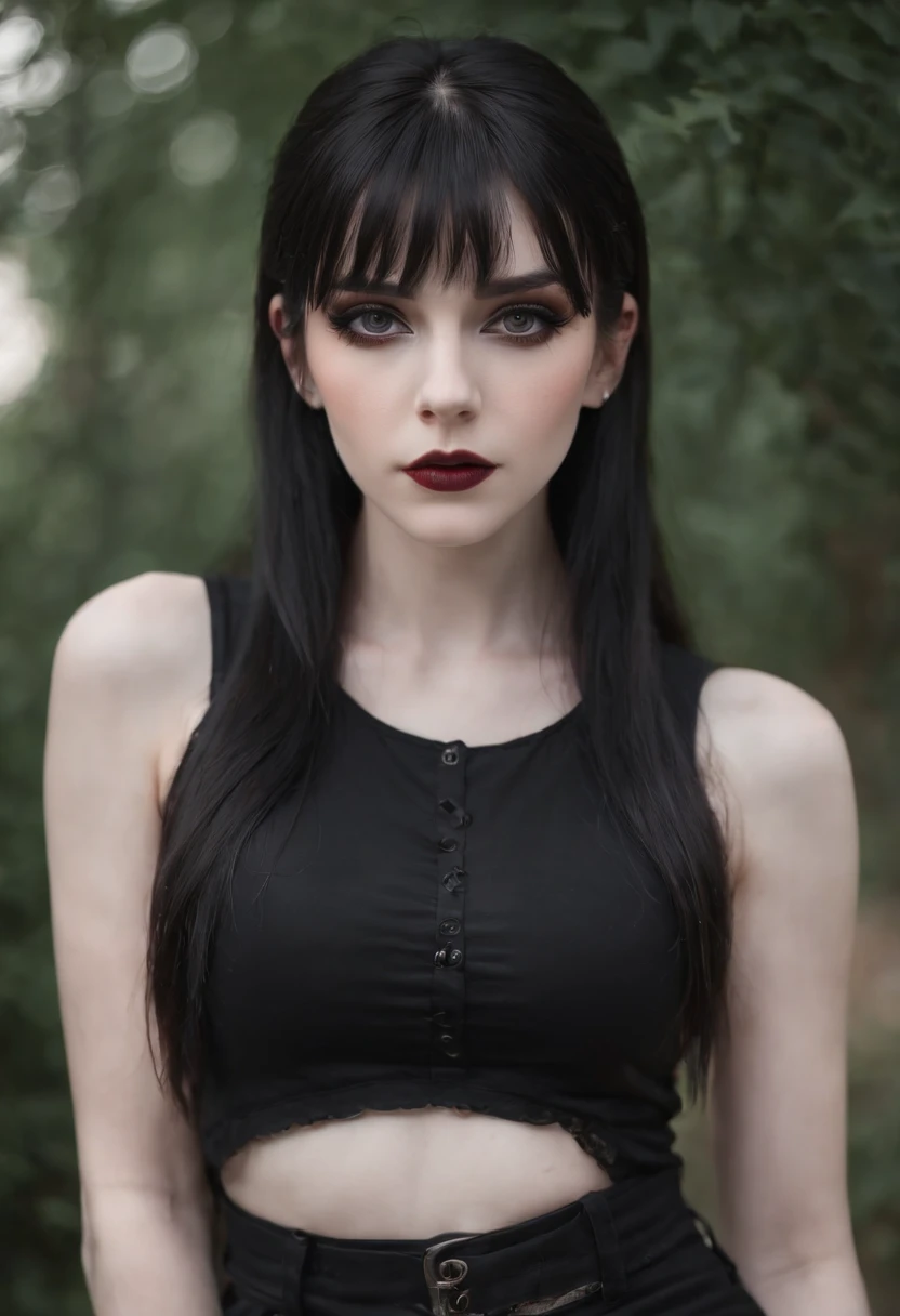 Goth girl, Pale skin Girl, black long hair with bangs, thin waist, thick thighs, toned legs, biceps, black tank top, ripped black pants, gothic makeup, black eyeliner