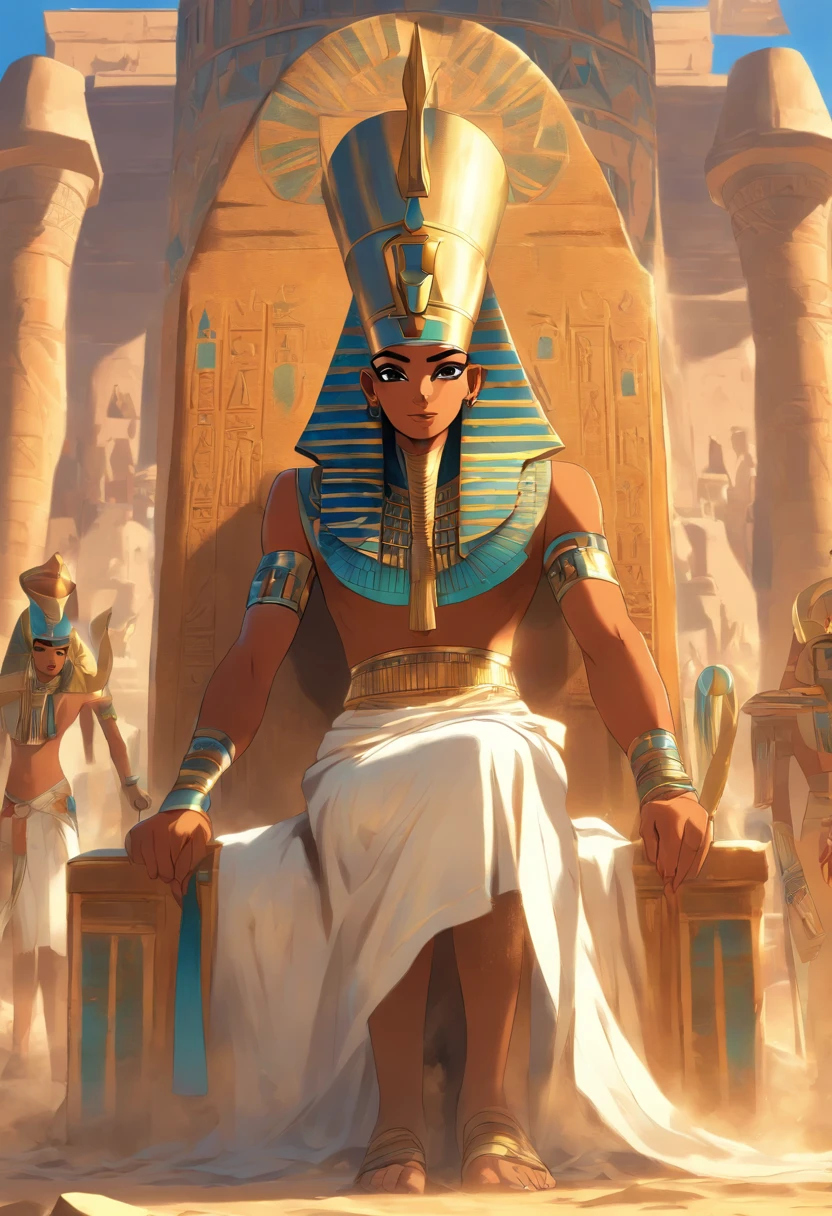 (((Egyptian Crown))) best quality, very high resolution, 4K detailed CG, master piece, Egyptian mythology,Osiris, sun,Ancient Egypt, sitting, Atef,Egyptian crown, white clothes, Egyptian clothes, desert,nekhakha scourge, blue hekatceu staff, river, desert, Ancient Egypt, ((Sitting on the throne)), Egyptian miter, aesthetics, Beautiful image, centered on the screen (((Atef))), staff and whip, nekhakha,