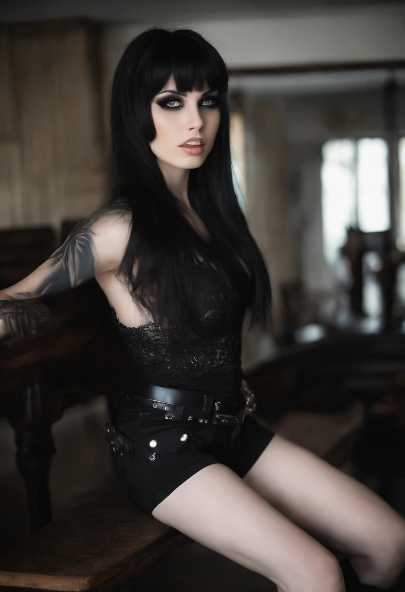 Pale skin Girl, black long hair with bangs, thin waist, thick thighs, big breasts, six-pack abs, toned legs, biceps, iron maiden band t-shirt, black pants, black combat boots, gothic makeup, black eyeliner, Young girl, attractive body, hot body, thick thighs, very thin waist, six-pack abs, thick lips,
