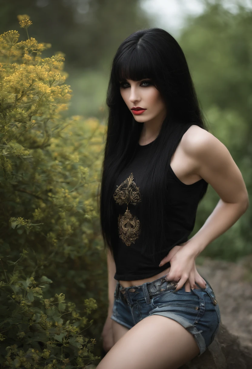 Pale skin Girl, black long hair with bangs, thin waist, thick thighs, big breasts, six-pack abs, toned legs, biceps, iron maiden band t-shirt, black pants, black combat boots, gothic makeup, black eyeliner, Young girl, attractive body, hot body, thick thighs, very thin waist, six-pack abs, thick lips,