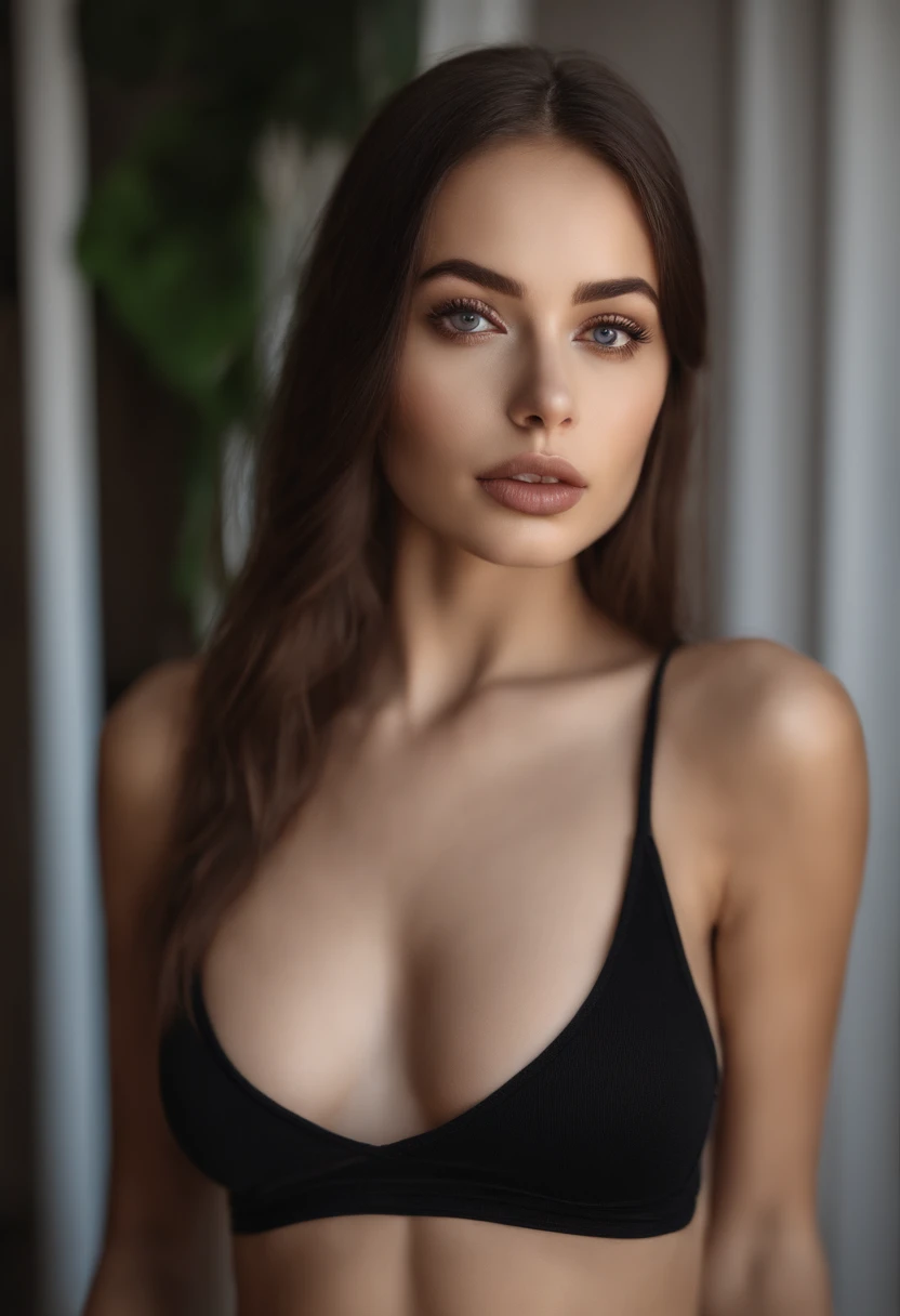 Arafed woman with a black tank top , Sexy girl with detailed brown eyes, Portrait Sophie Mudd, brown hair and large detailed eyes, selfie of a young woman, Yeux de chambre, Violet Myers, sans maquillage, maquillage naturel, looking straight at camera, Visage avec Artgram, Maquillage subtil, Superbe photo du corps entier