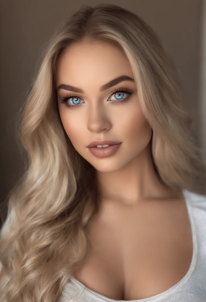 arafed woman fully , sexy girl with blue eyes, ultra realistic, meticulously detailed, portrait sophie mudd, blonde hair and large eyes, selfie of a young woman, bedroom eyes, violet myers, without makeup, natural makeup, looking directly at the camera, face with artgram, subtle makeup, stunning full body shot kneeling on bed, in bedroom, medium to large size bust