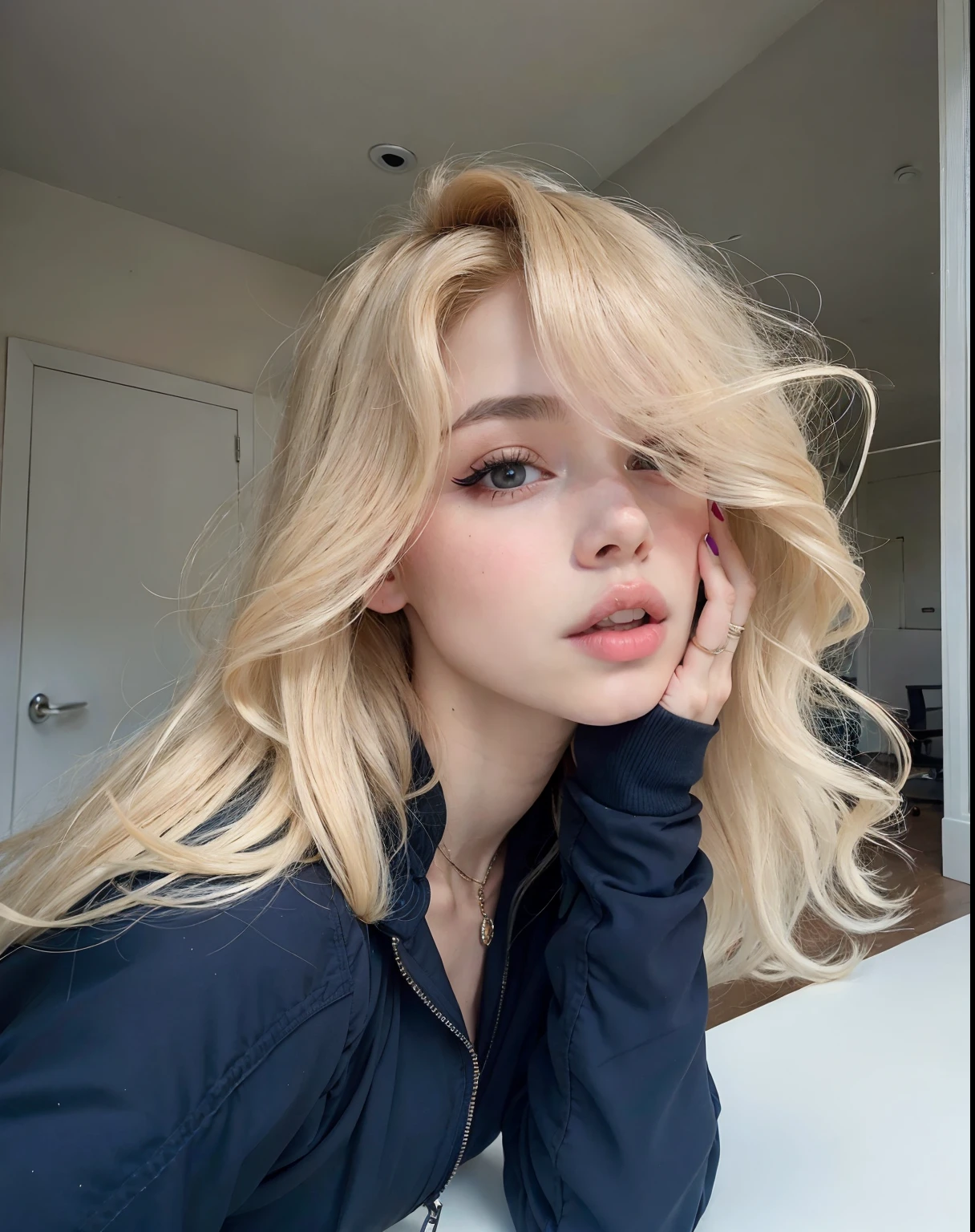 Blonde woman with long hair sitting at a table with her hand on her chin, Retrato de Kim Petras, uma com cabelo loiro, Sidnei Sweeney, pale skin curly blond hair, julia sarda, ava max, Irina Nordsol Kuzmina, franja de cortina, cabelos loiros e olhos grandes, Taran Dasha, julia gorokhova, com longos cabelos loiros