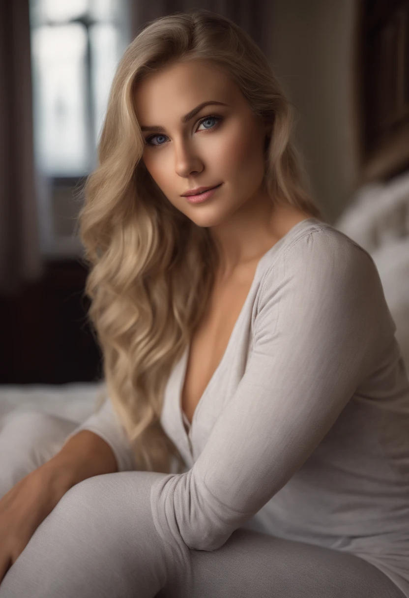 arafed woman fully , sexy girl with blue eyes, ultra realistic, meticulously detailed, portrait , blonde hair and large eyes, selfie of a young woman, bedroom eyes, violet myers, without makeup, natural makeup, looking directly at the camera, face with artgram, subtle makeup, stunning full body shot kneeling on bed, in bedroom, large size bust
