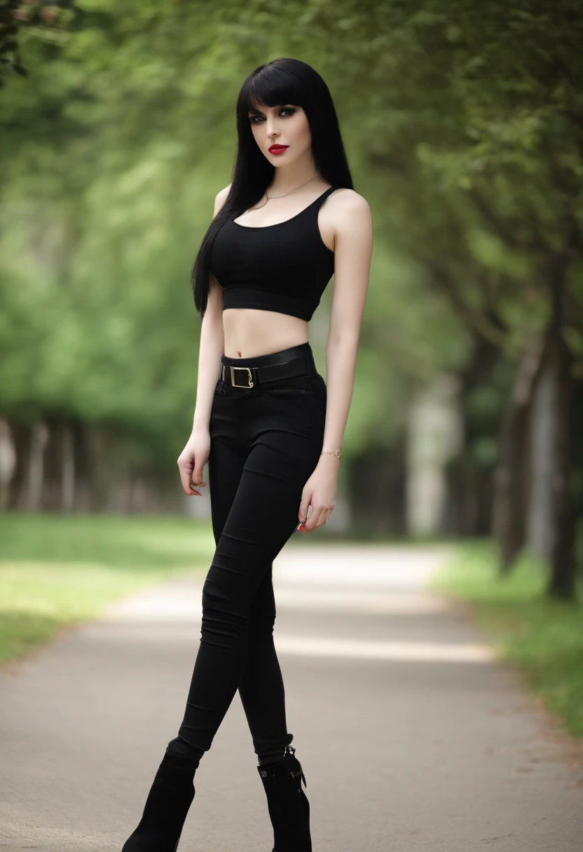 Pale skin Girl, black long hair with bangs, thin waist, thick thighs, big breasts, six-pack abs, toned legs, biceps, black tank top, ripped black pants, gothic makeup, black eyeliner, Young girl, attractive body, hot body, thick thighs, very thin waist, six-pack abs, thick lips,
