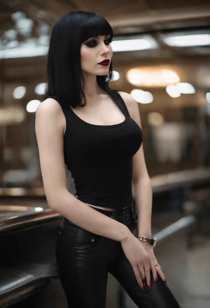 Pale skin Girl, black long hair with bangs, thin waist, thick thighs, big breasts, six-pack abs, toned legs, biceps, black tank top, ripped black pants, gothic makeup, black eyeliner, Young girl, attractive body, hot body, thick thighs, very thin waist, six-pack abs, thick lips,