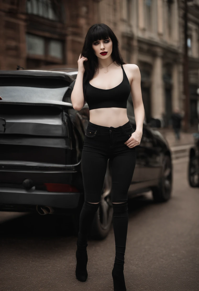 Pale skin Girl, black long hair with bangs, thin waist, thick thighs, big breasts, six-pack abs, toned legs, biceps, black tank top, ripped black pants, gothic makeup, black eyeliner, Young girl, attractive body, hot body, thick thighs, very thin waist, six-pack abs, thick lips,