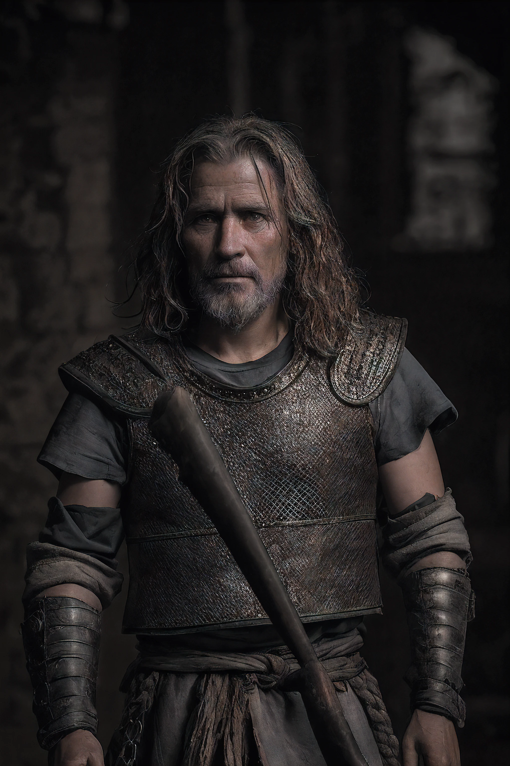 Raw, cinematic shot, (sharp focus:1.5), (photorealistic:1.2), 1boy, medium portrait of (a weary-looking but still proud and fierce-looking old Viking warrior, now the leader of his village, dressed in elaborately detailed chain mail and leather armour, a few torches burn on the walls, giving the scene a dark atmosphere but sculpting the forms in sharp chiaroscuro), it is night time, dark lighting, twilight lighting, volumetric lighting,