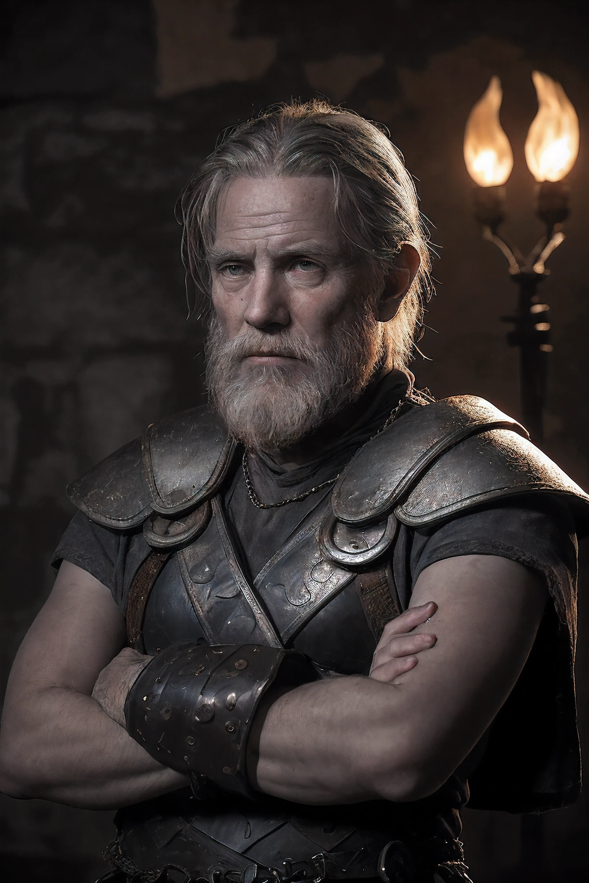 Raw, cinematic shot, (sharp focus:1.5), (photorealistic:1.2), 1boy, medium portrait of (a weary-looking but still proud and fierce-looking old Viking warrior, now the leader of his village, dressed in elaborately detailed chain mail and leather armour, a few torches burn on the walls, giving the scene a dark atmosphere but sculpting the forms in sharp chiaroscuro), it is night time, dark lighting, twilight lighting, volumetric lighting,