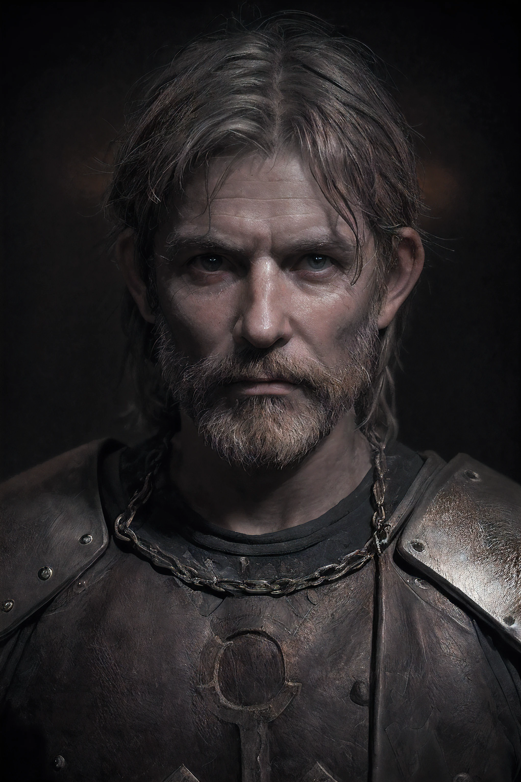 Raw, cinematic shot, (sharp focus:1.5), (photorealistic:1.2), 1boy, medium portrait of (a weary-looking but still proud and fierce-looking old Viking warrior, now the leader of his village, dressed in elaborately detailed chain mail and leather armour, a few torches burn on the walls, giving the scene a dark atmosphere but sculpting the forms in sharp chiaroscuro), it is night time, dark lighting, twilight lighting, volumetric lighting,