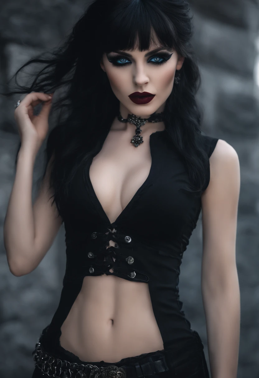 Goth girl, Pale skin Girl, black long hair with bangs, thin waist, thick thighs, big breasts, six-pack abs, toned legs, biceps, black tank top, ripped black pants, gothic makeup, thick lips, Blue eyes