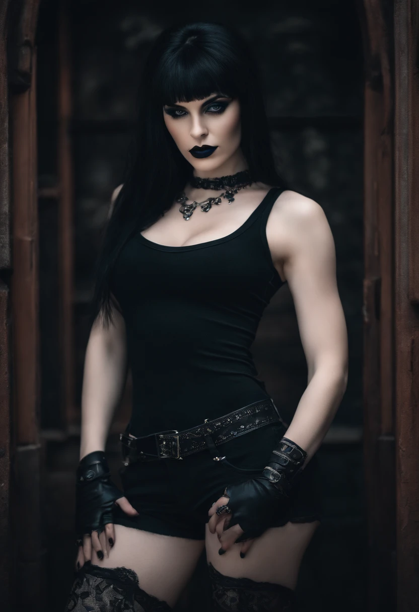 Goth girl, Pale skin Girl, black long hair with bangs, thin waist, thick thighs, big breasts, six-pack abs, toned legs, biceps, black tank top, ripped black pants, gothic makeup, thick lips, Blue eyes