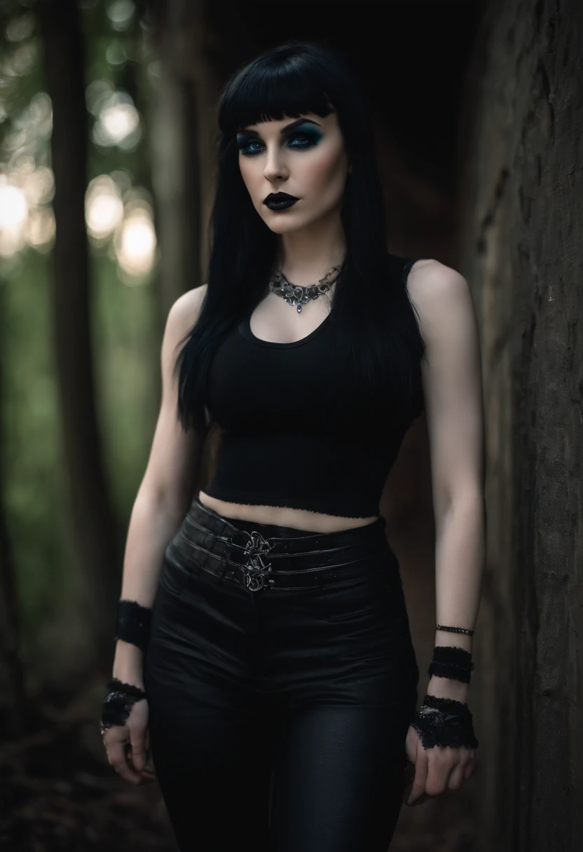 Goth girl, Pale skin Girl, black long hair with bangs, thin waist, thick thighs, big breasts, six-pack abs, toned legs, biceps, black tank top, ripped black pants, gothic makeup, thick lips, Blue eyes