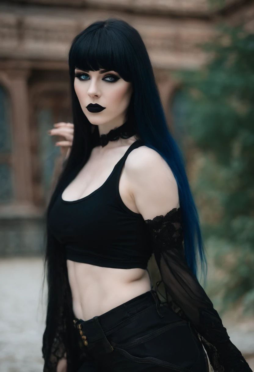 Goth girl, Pale skin Girl, black long hair with bangs, thin waist, thick thighs, big breasts, six-pack abs, toned legs, biceps, black tank top, ripped black pants, gothic makeup, thick lips, Blue eyes