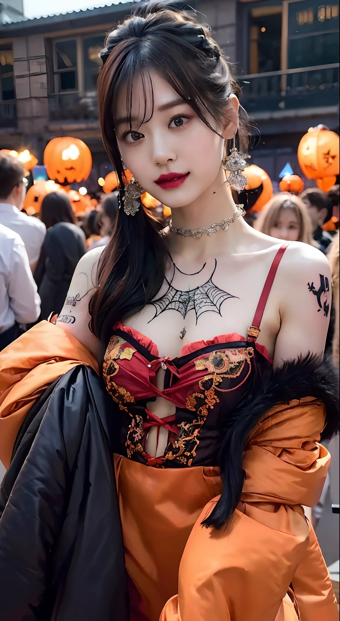 top-quality、Top image quality、in 8K,4K,​masterpiece、(NSFW:1.1)、ultra-detailliert、Beautiful、ultra-quality、Beautiful fece、girl with(((18year old、Halloween Style Costumes:1.3、Little Devil 1:3、Bust 78、silber hair、a short bob、Red Eyes、erotick:1.4、Happiness、The tattoo)))、hiquality、visualart、Background with((Halloween 1.2))、masutepiece