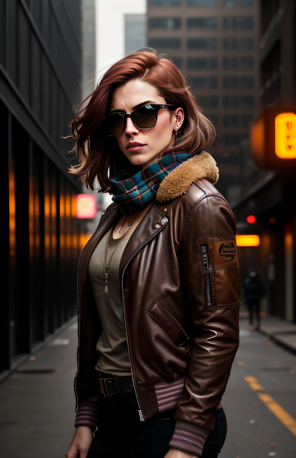 (dark shot:1.1), epic realistic, portrait of halo, athletic build, sunglasses, blue eyes, tartan scarf, (brown leather bomber jacket:1.2), (tight, black, transparent:1.4, tank-top:1.2), auburn hair by atey ghailan, by greg rutkowski, by greg tocchini, by james gilleard, by joe fenton, gradient yellow, black, brown and magenta color scheme, grunge aesthetic!!! graffiti tag wall background, art by greg rutkowski and artgerm, soft cinematic light, adobe lightroom, photolab, hdr, intricate, highly detailed, (depth of field:1.4), faded, (neutral colors:1.2), (hdr:1.4), (muted colors:1.2), hyperdetailed, (artstation:1.4), cinematic, warm lights, dramatic light, (intricate details:1.1), complex background, (rutkowski:0.66), (teal and orange:0.4)