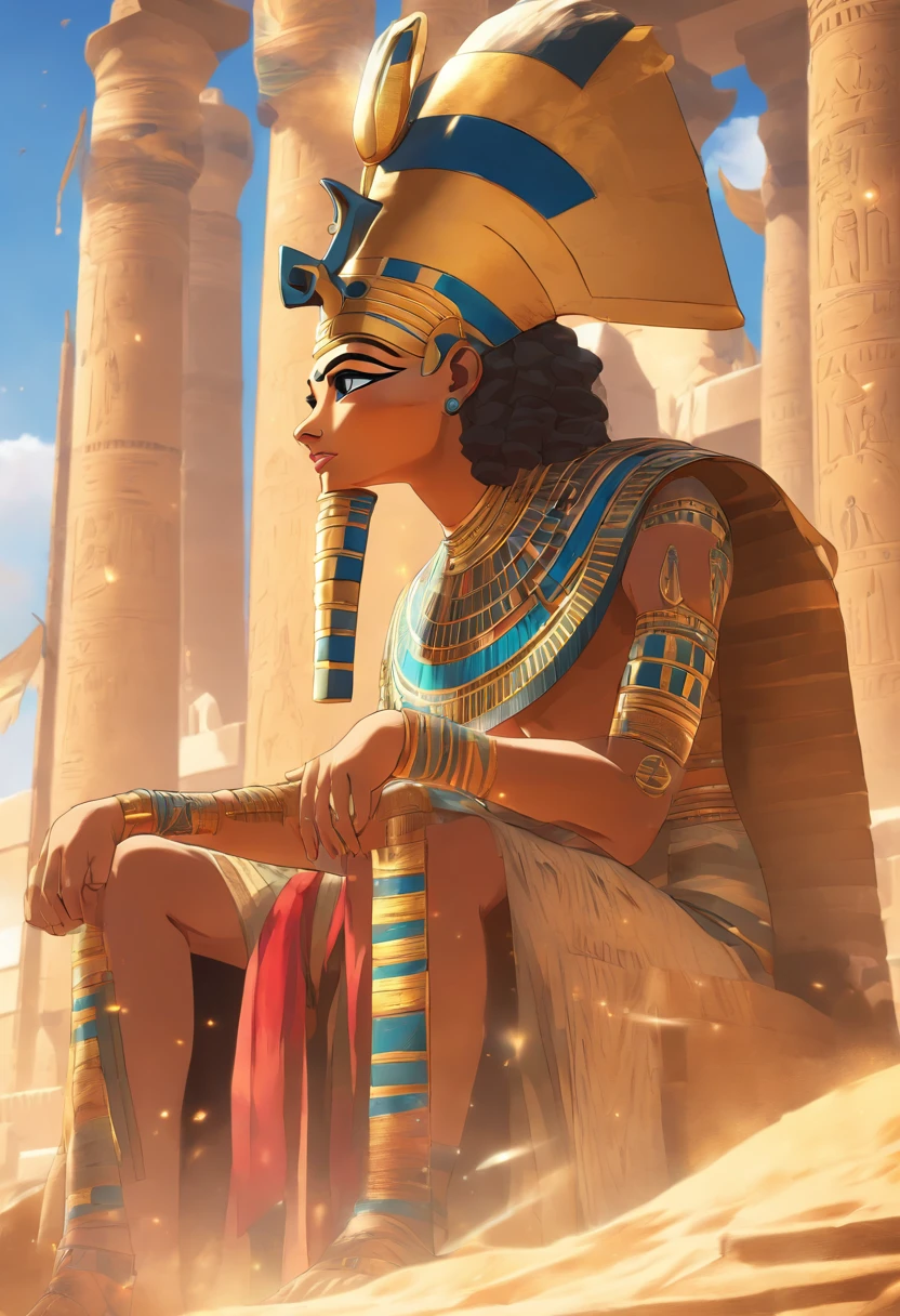 (((Egyptian Crown))) best quality, very high resolution, 4K detailed CG, master piece, Egyptian mythology,Osiris, sun,Ancient Egypt, sitting, Atef,Egyptian crown, white clothes, Egyptian clothes, desert,nekhakha scourge, blue hekatceu staff, river, desert, Ancient Egypt, ((Sitting on the throne)), Egyptian miter, aesthetics, Beautiful image, centered on the screen (((Atef))), staff and whip, nekhakha,
