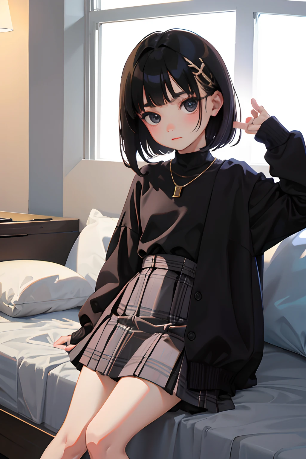 turned around,(masterpiece,Highest Quality),(child:1.3),Burberry Plaid Skirt,(A dark-haired,Medium bob),embarrassed from,sleepy expression,Delicate body,petite body