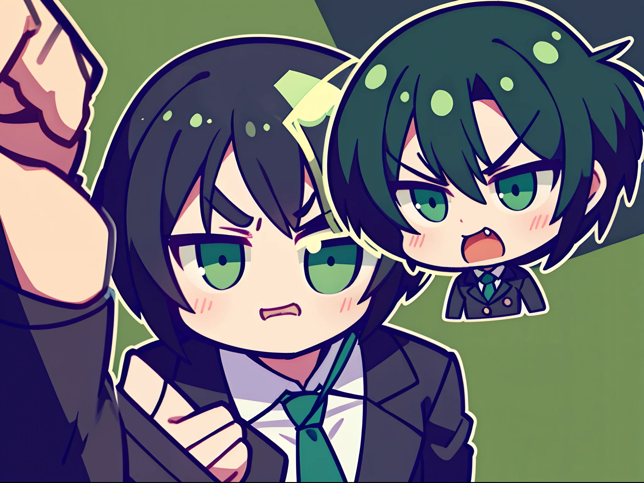 Girl with short green and black hair in suit angry