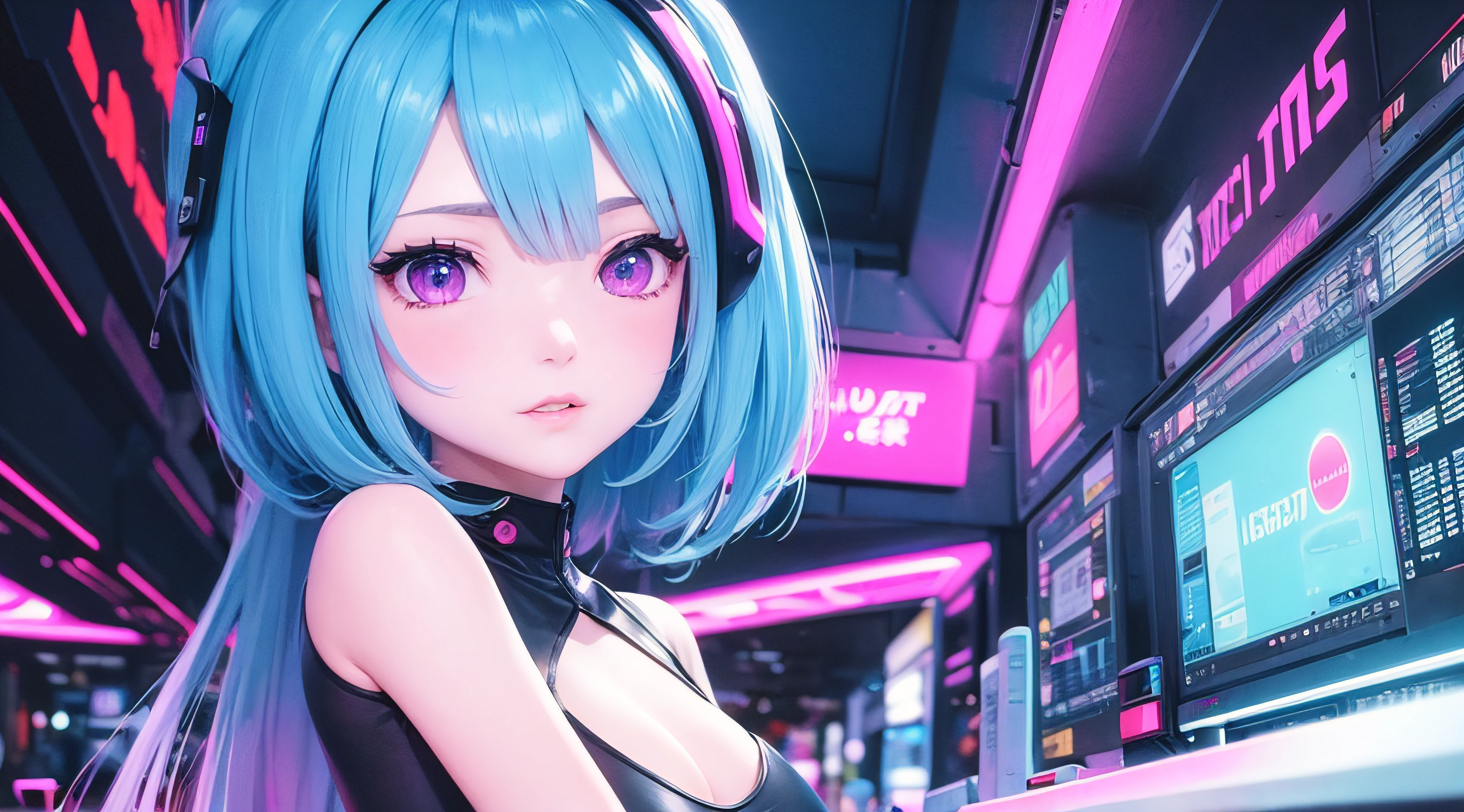 Arav Girls,Blue Hair,Wearing headphones,Holding a pink toy in hand, Belle Delphine, Pastel Gothic aesthetic, Player aesthetics, Electronic Girl, Electronic Girl, Pastel Gothic, 具有Cyberpunk style, Aesthetic Cyberpunk, Network Aesthetics, Cyberpunk style, Cyberpunk aesthetics, very aesthetic!!!!!!, Twitch streamer, Fantastic cyberpunk girl, 80s anime atmosphere,((Very large breasts)),Grooves reveal original skin