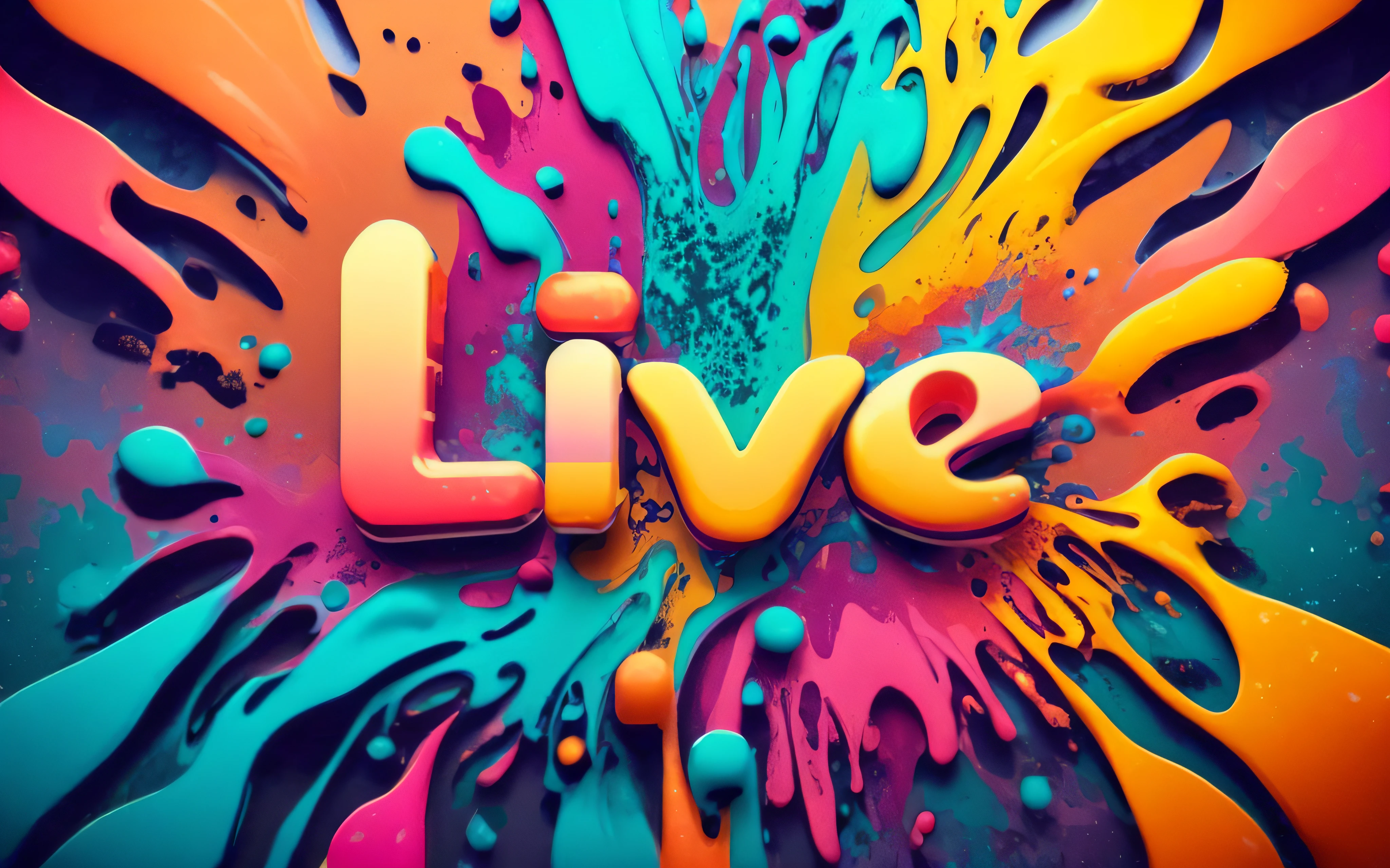 um papel de parede colorido ao vivo com respingos de tinta e a palavra ao vivo, cores vivas, cinema 4d render colorido, livestream, viver, Imagens ao vivo, cores vivas, live performance, Live2D, colorful vivid octane render, vivid and vibrant colors, concerto ao vivo, Symbols of living, amazing splashscreen artwork, Cores vibrantes e vivas, psychedelic color theme, vivid and colorful